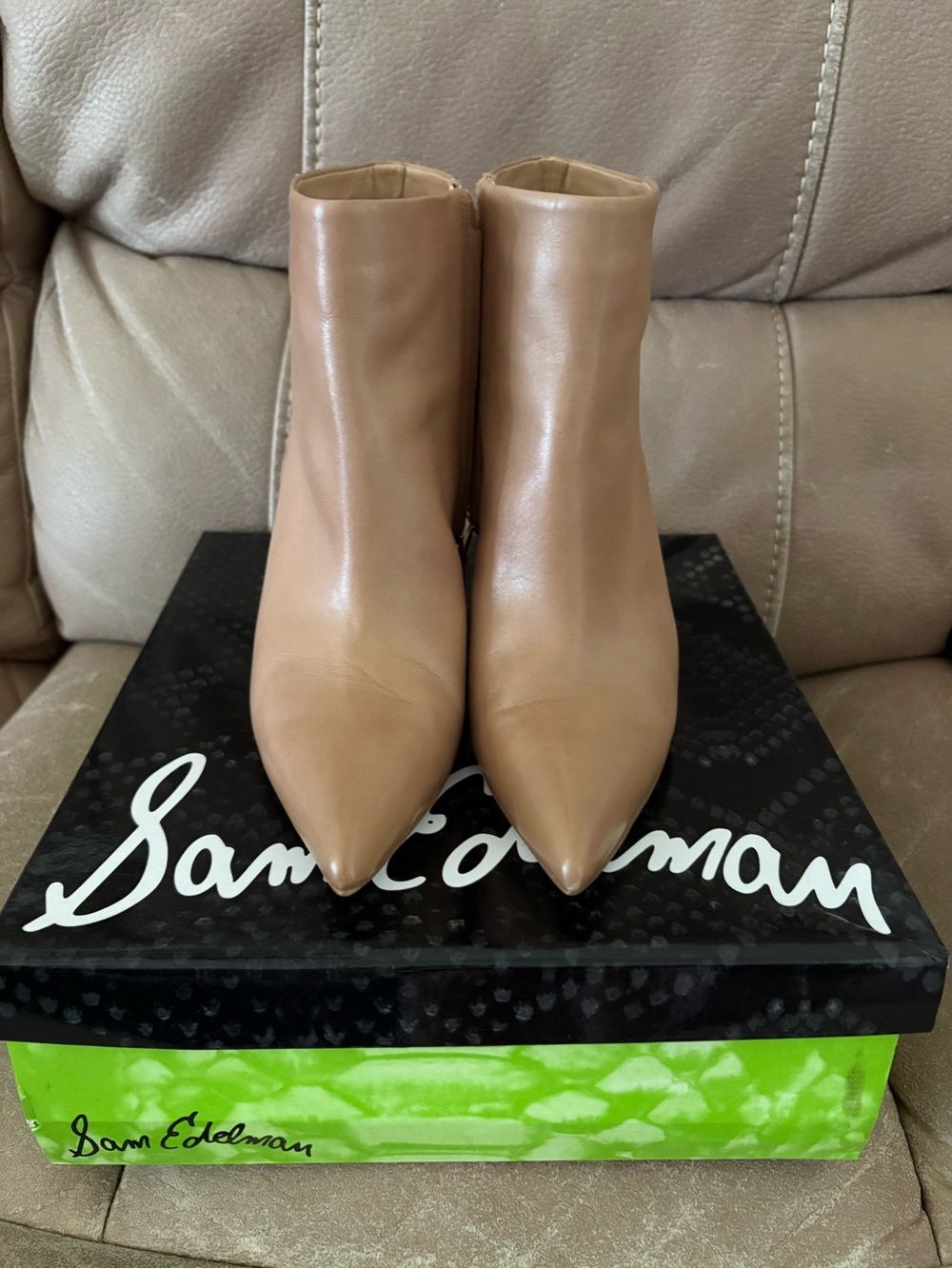 Sam Edelman Tan Pointed-Toe Leather Ankle Booties